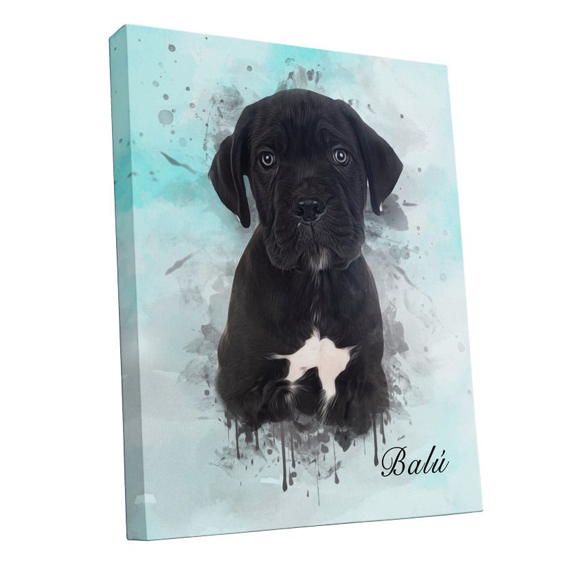 Ejemplo de retrato personalizado de perro en diseño de acuarela sobre lienzo color azul