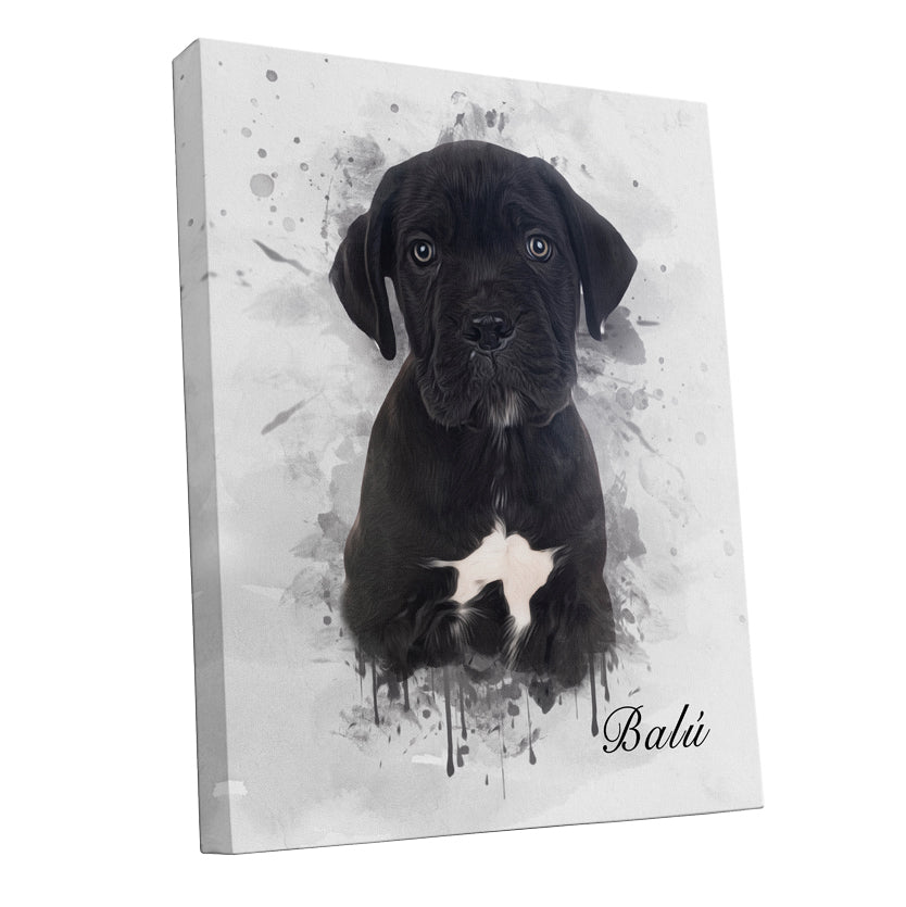 Ejemplo de retrato personalizado de perro en diseño de acuarela sobre lienzo color blanco