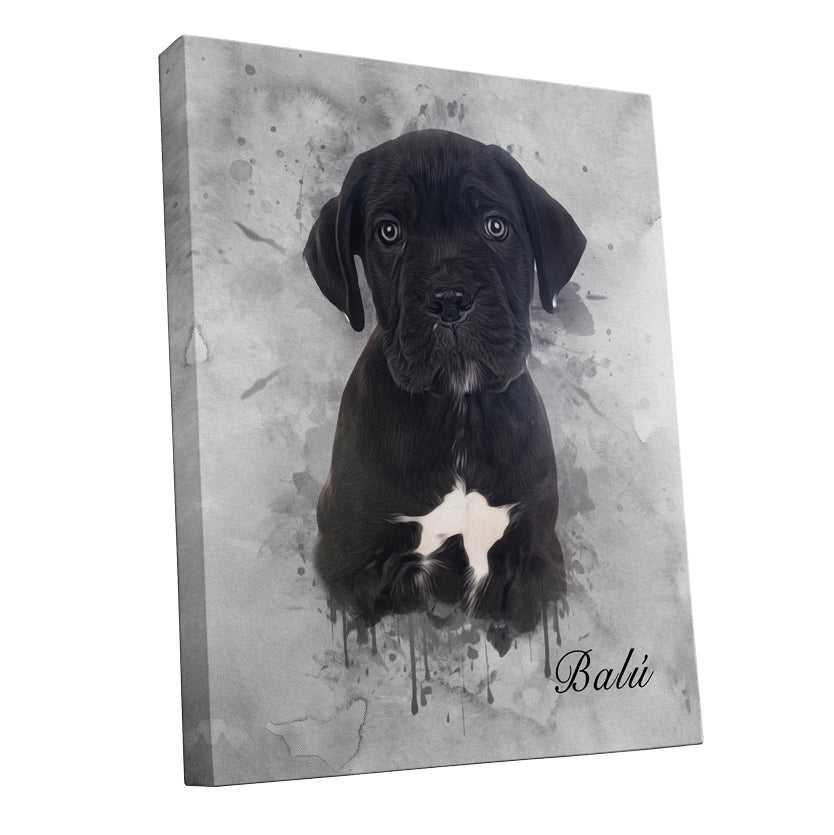 Ejemplo de retrato personalizado de perro en diseño de acuarela sobre lienzo color gris