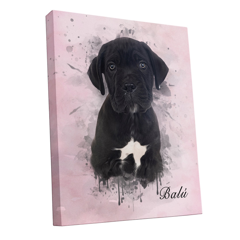 Ejemplo de retrato personalizado de perro en diseño de acuarela sobre lienzo color rosa