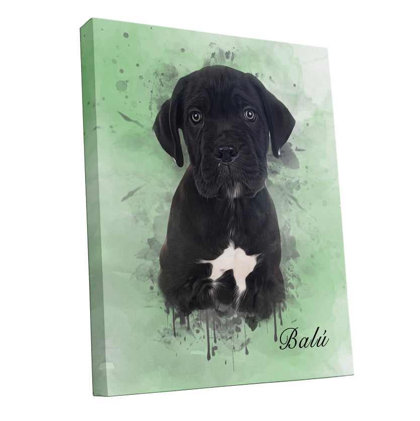Ejemplo de retrato personalizado de perro en diseño de acuarela sobre lienzo color verde
