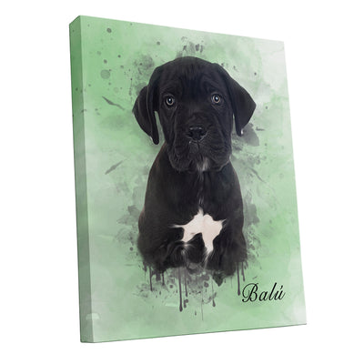 Ejemplo de retrato personalizado de perro en diseño de acuarela sobre lienzo color verde