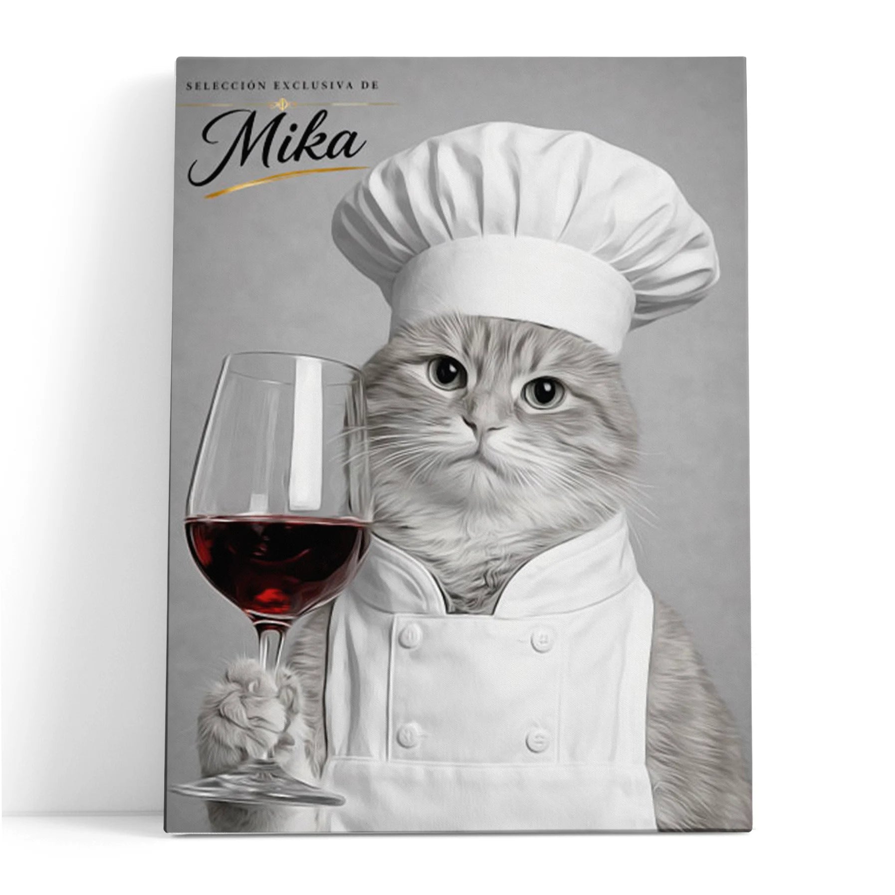 Retrato personalizado gato chef y sommelier sosteniendo una copa de vino elegante.