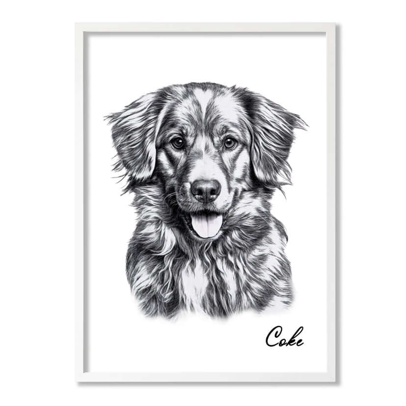 Retrato de perro estilo lápiz en marco color madera