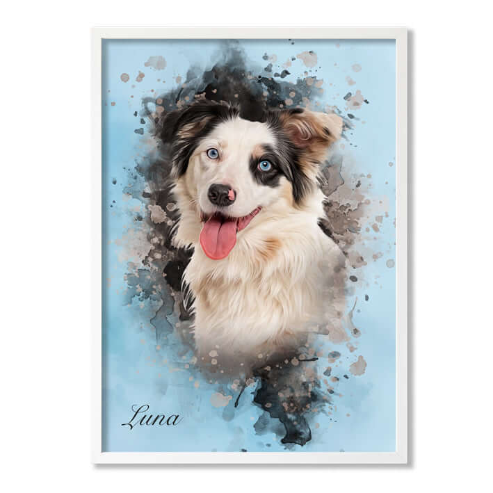 Retrato mascota con marco blanco y fondo azul
