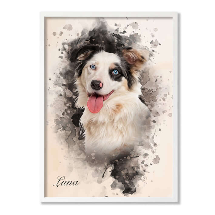 Retrato mascota con marco blanco y fondo beige