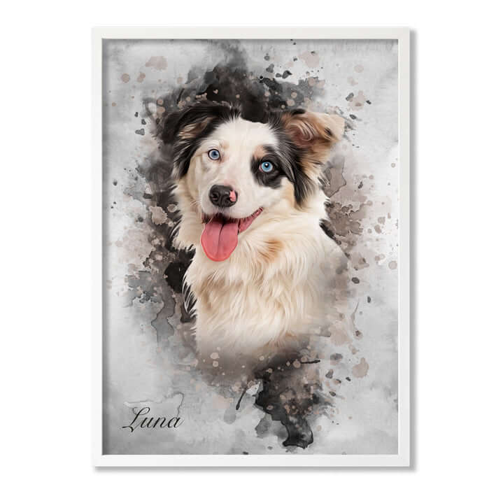 Retrato mascota con marco blanco y fondo gris