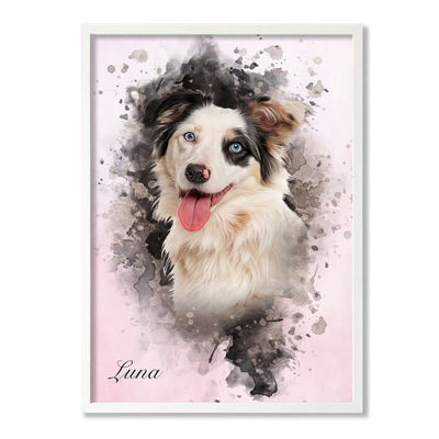 Retrato mascota con marco blanco y fondo rosa