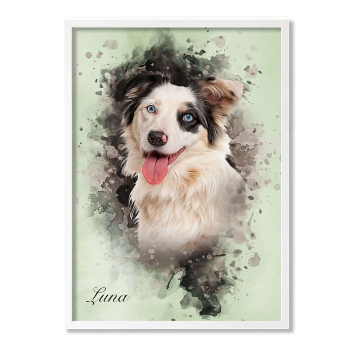 Retrato mascota con marco blanco y fondo verde
