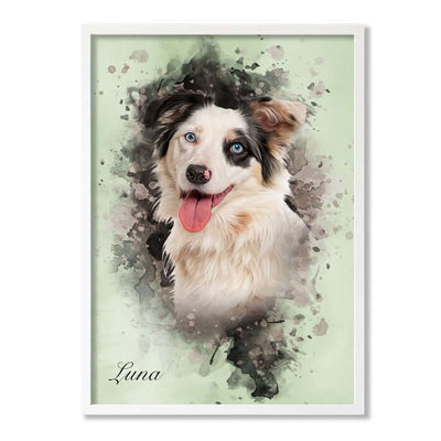 Retrato mascota con marco blanco y fondo verde