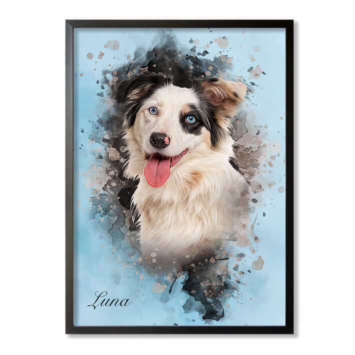 Retrato mascota con marco negro y fondo azul