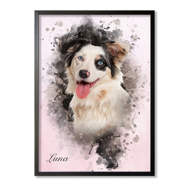 Retrato mascota con marco negro y fondo rosa