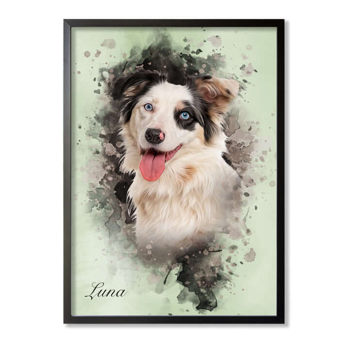 Retrato mascota con marco negro y fondo verde