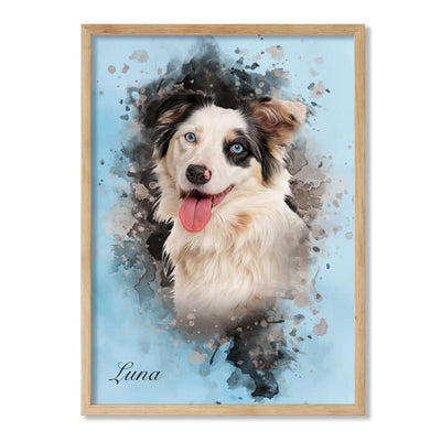 Retrato mascota con marco roble y fondo azul