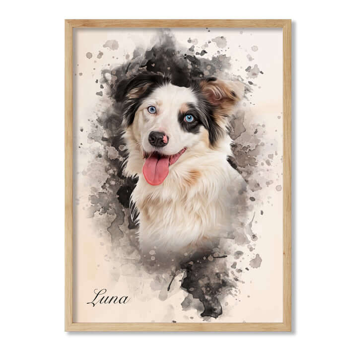 Retrato mascota con marco roble y fondo beige