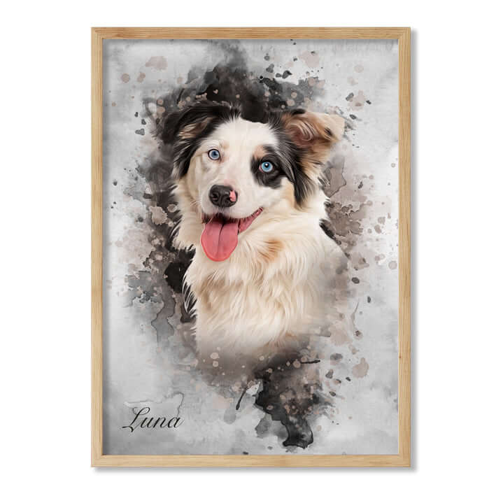 Retrato mascota con marco roble y fondo gris