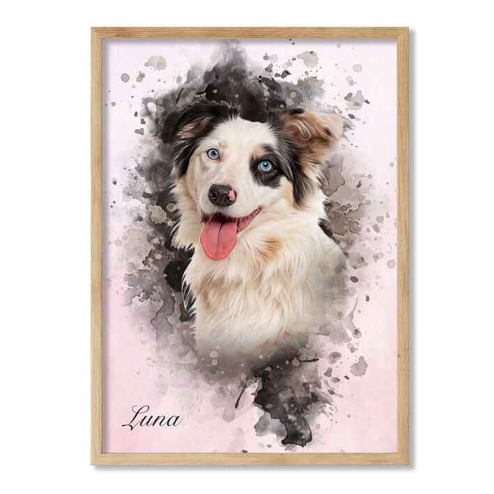 Retrato mascota con marco roble y fondo rosa