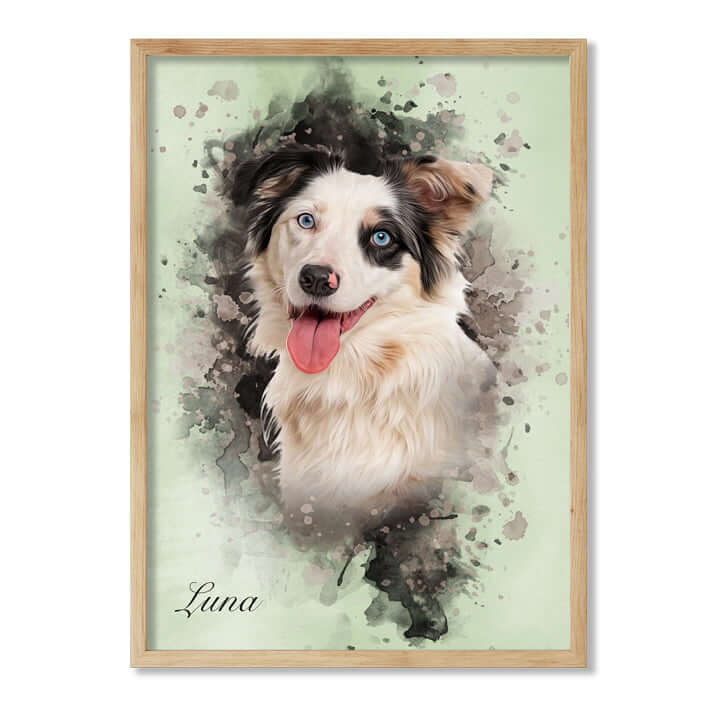 Retrato mascota con marco roble y fondo verde