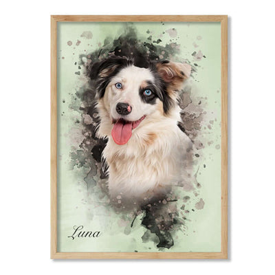 Retrato mascota con marco roble y fondo verde