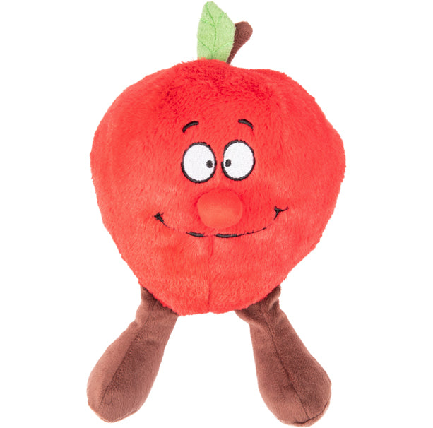 Peluche para perros modelo manzana rojo y suave con cara simpática, ideal para jugar y estimular el instinto de juego.