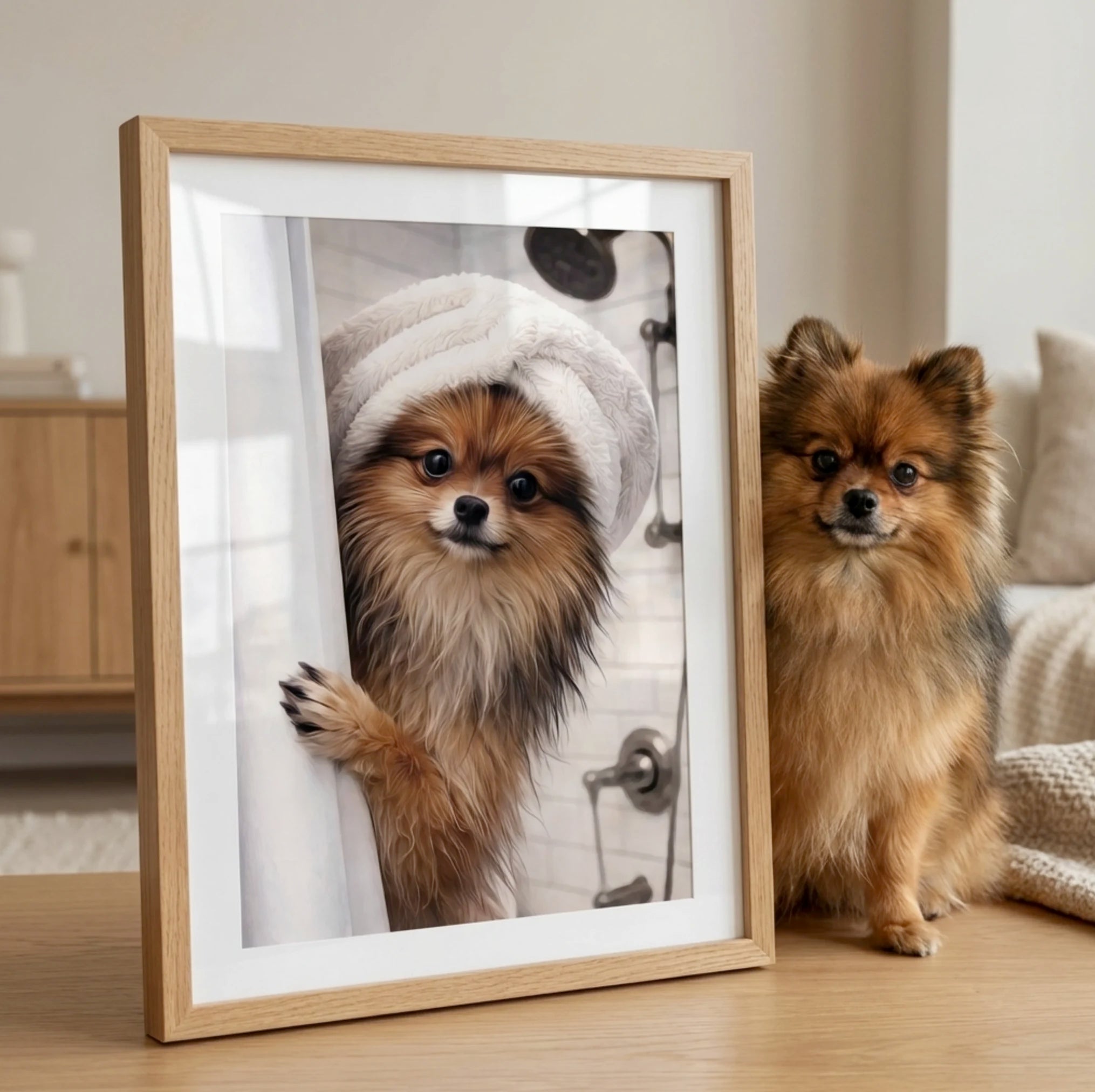 Retrato personalizado perro en la ducha de un pomerania con toalla en la cabeza junto a su mascota en un marco.