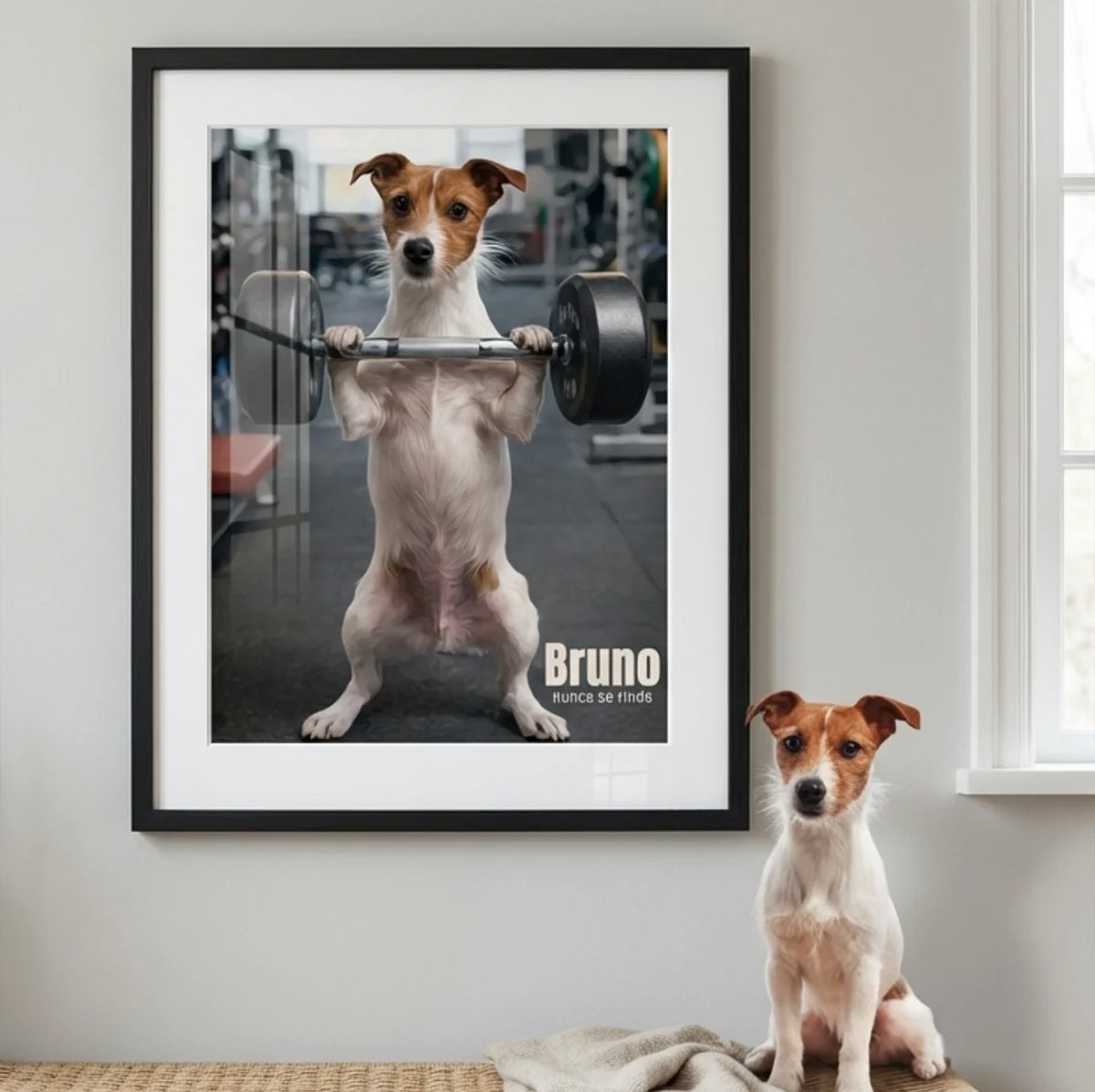 Retrato personalizado de tu perro haciendo pesas en un marco en la pared con un perro levantando pesas en un gimnasio.