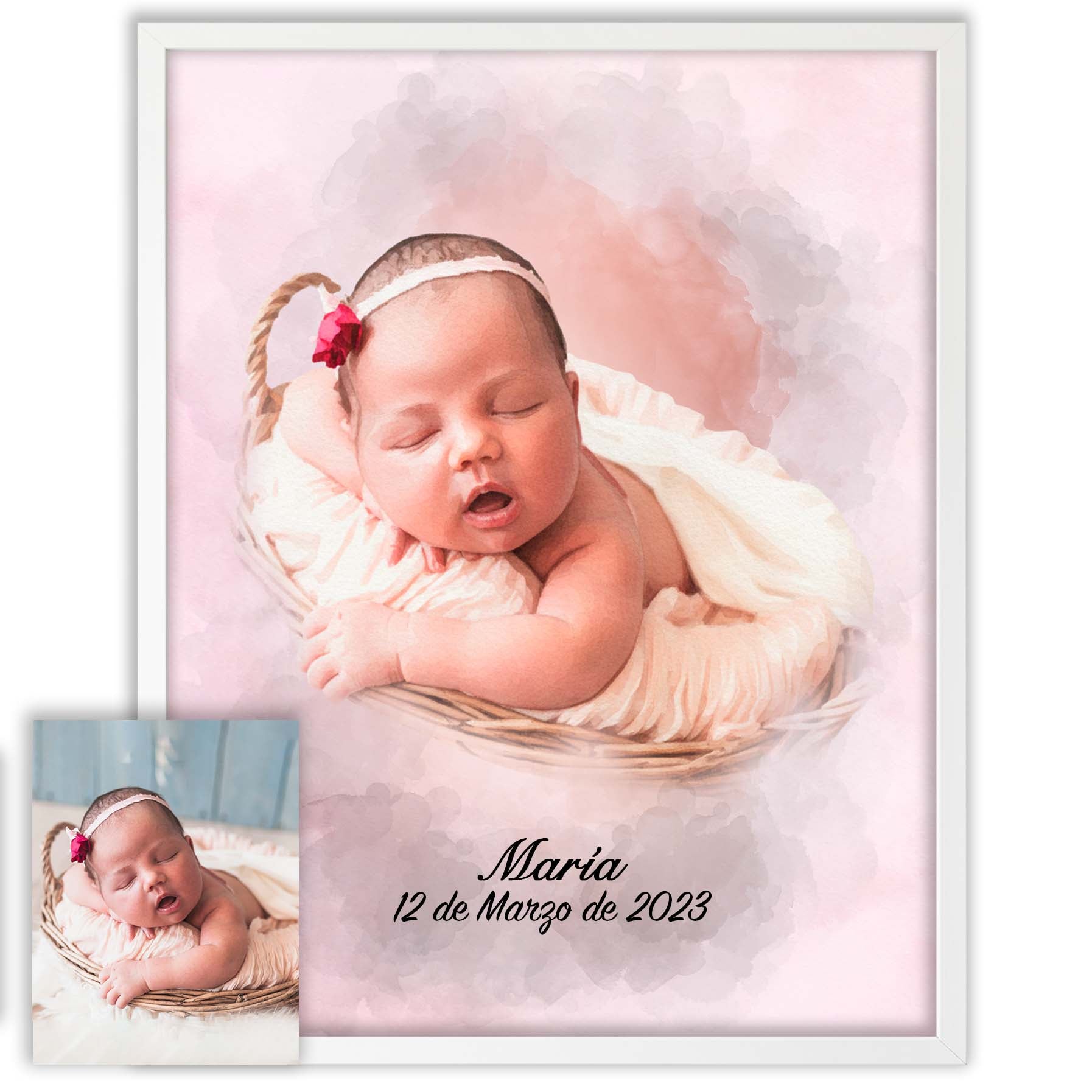 Retratos de bebe personalizados con estilo acuarela