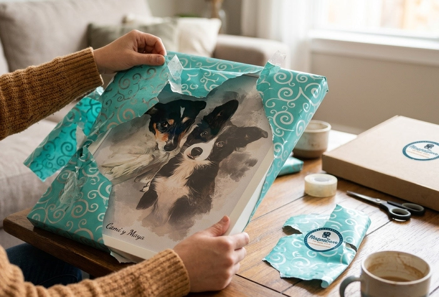 Persona abriendo un retrato de sus perros envuelto en papel de regalo de MascoZoom