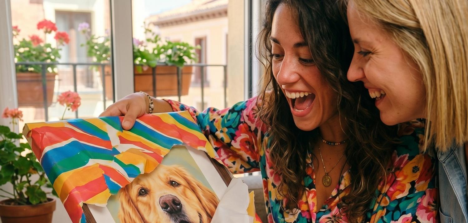 Dos amigas riendo al abrir el retrato de su perro