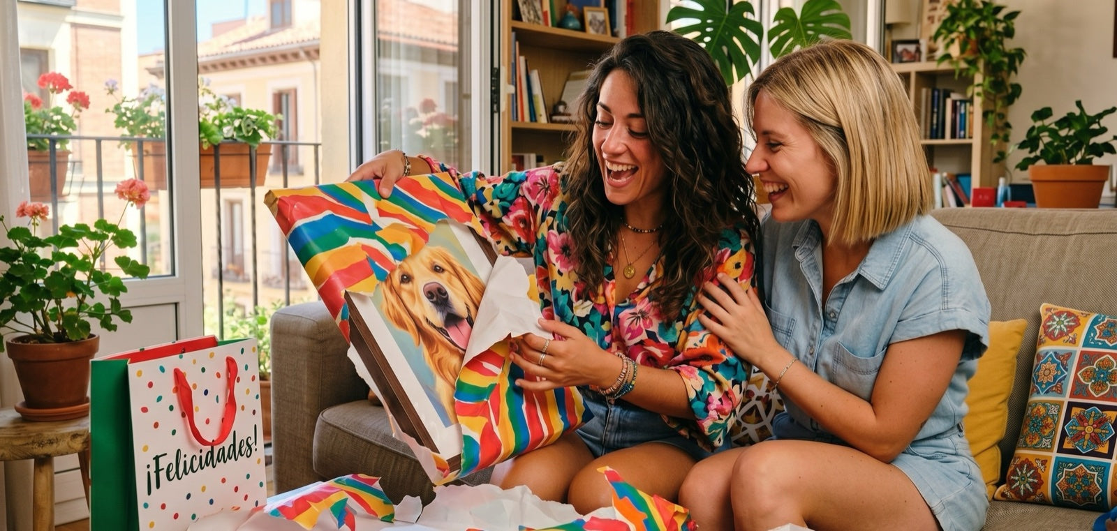 Dos amigas riendo al abrir el retrato de su perro